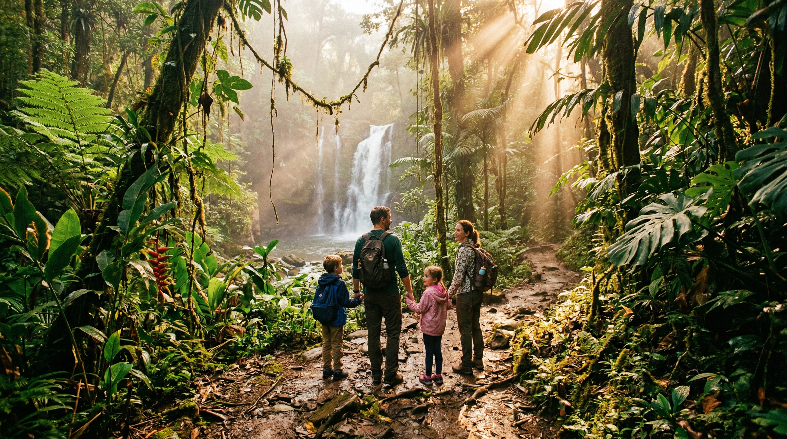 A hidden jungle waterfall tumbling into a clear natural pool deep in the rainforest