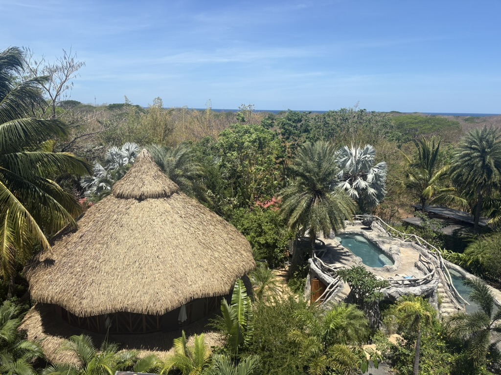 The thatched yoga shala and stone-carved pool set among the palms, with the Pacific visible on the horizon